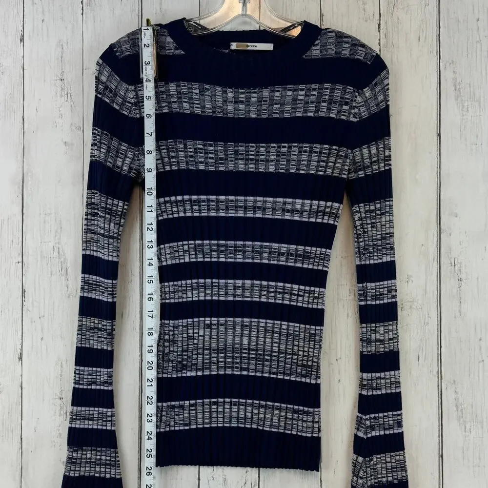 Becken Blue/Grey Striped Ribbed Crewneck Flare Long Sleeve Sweater Size XS